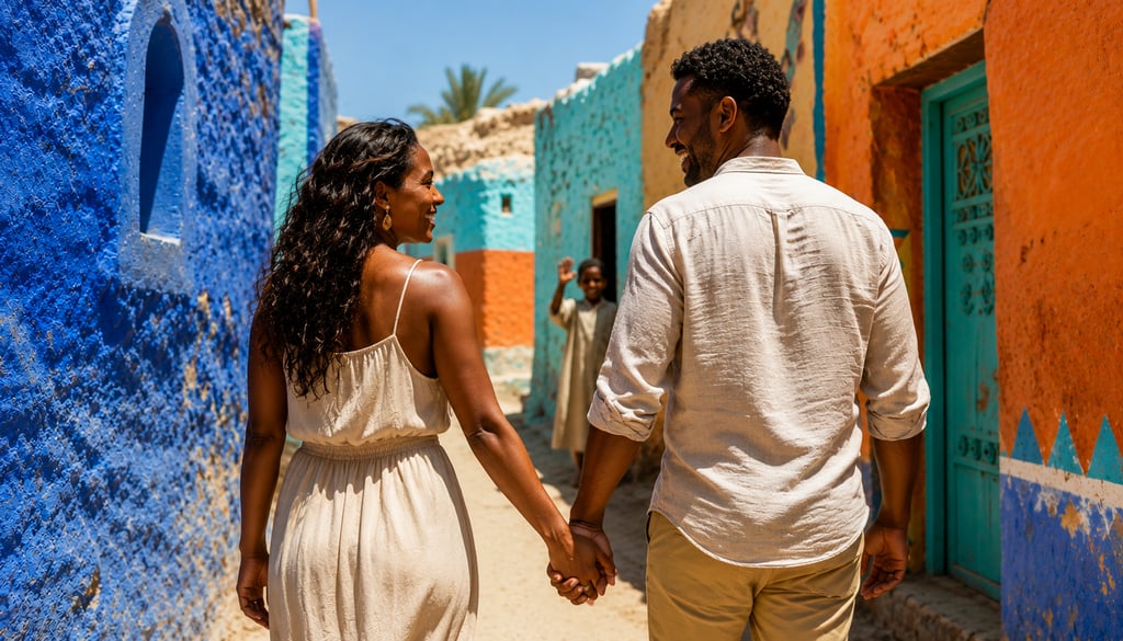 A couple holding hands walks through a vibrant Nubian village with colorful houses in Aswan, Egypt.