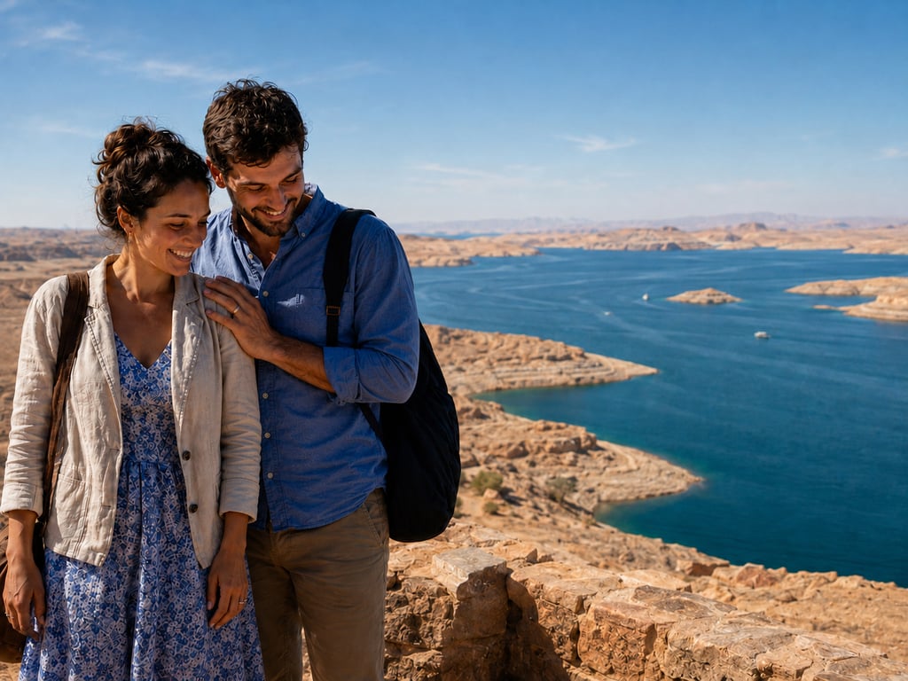 A smiling couple enjoys a scenic overlook of a blue desert lake and rocky shoreline.