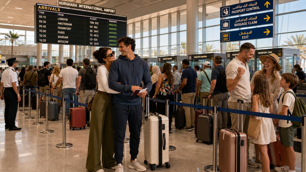 Smiling travelers with luggage standing in line at the Hurghada International Airport arrivals terminal.