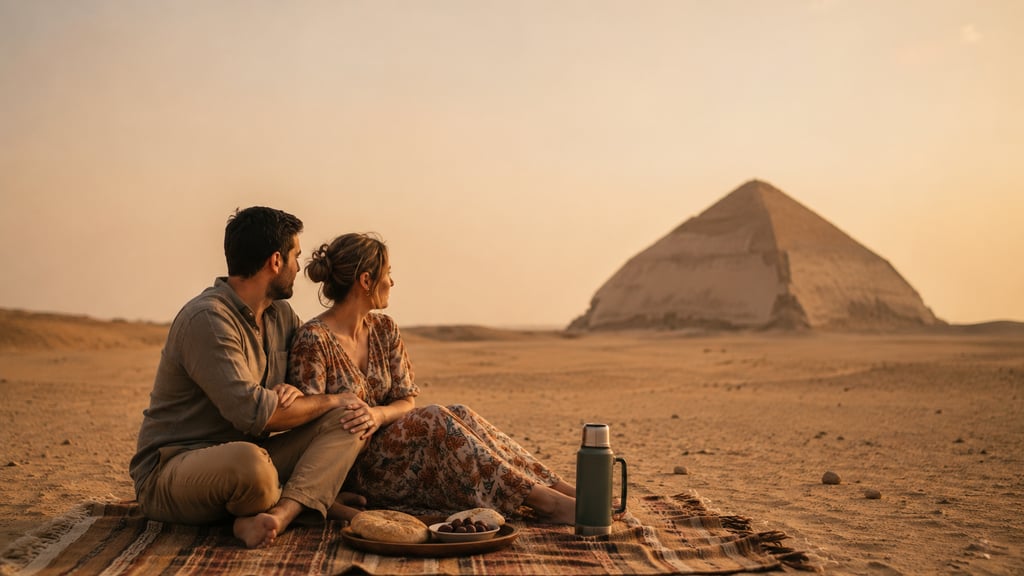 Couple enjoying a romantic sunset picnic in front of the Bent Pyramid in Dahshur, Egypt.