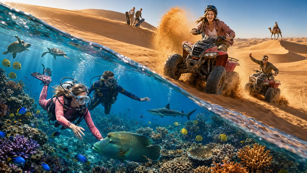 Split view of Egypt scuba diving in a tropical coral reef and ATV quad biking on desert sand dunes.