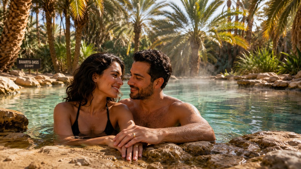A couple relaxing in a thermal spring at Bahariya Oasis, Egypt, surrounded by lush palm trees.