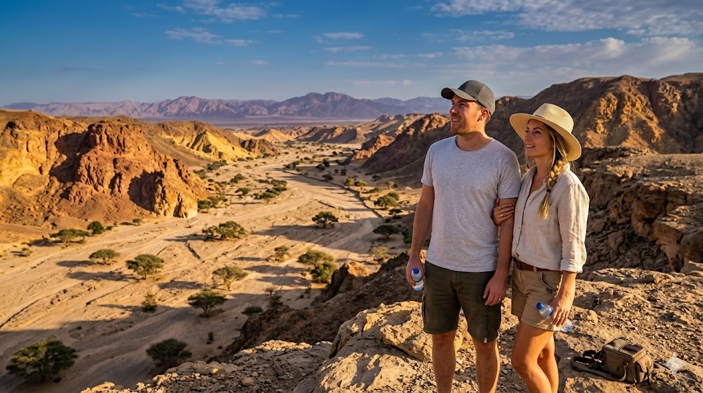 A couple hiking on a rocky mountain overlook at Wadi El Gemal National Park.