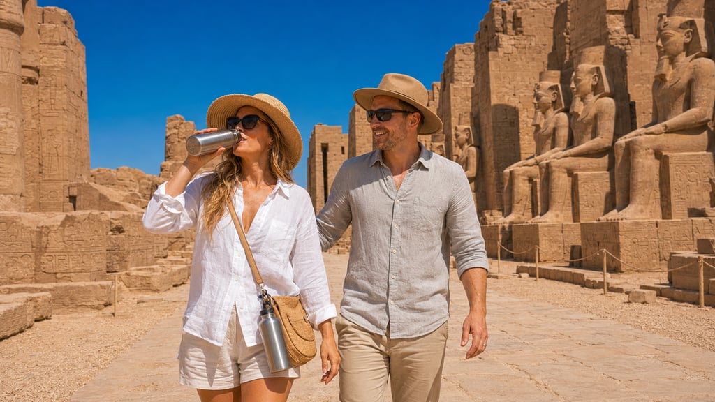 A couple wearing sun hats explores the ancient Luxor Temple ruins in Egypt during a sunny desert tour.