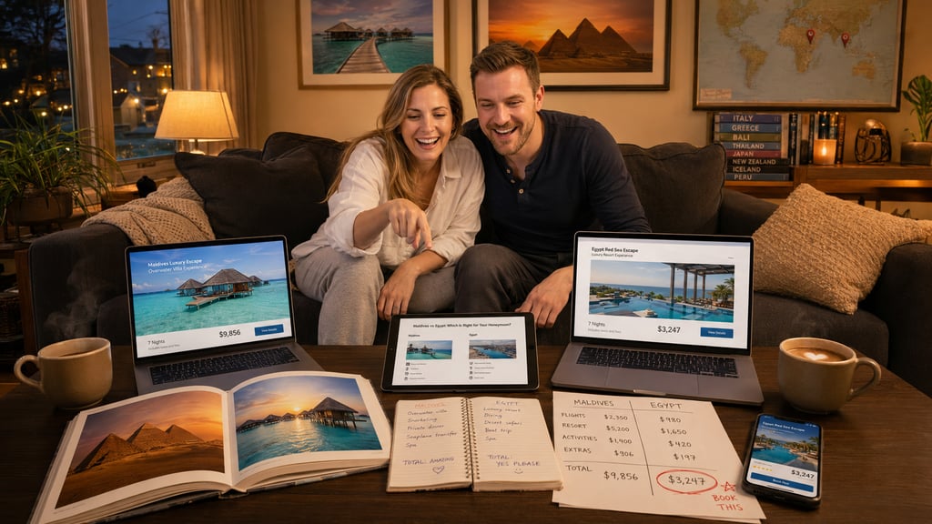 A happy couple plans a luxury vacation on laptops comparing Maldives and Egypt travel deals.