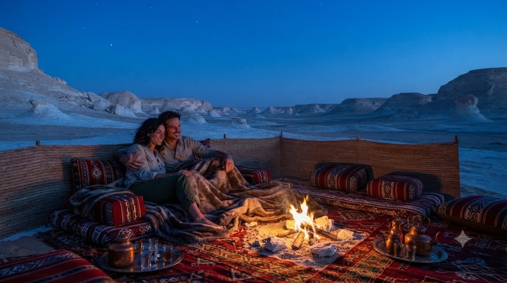 A couple relaxes at a luxury desert camp at night by a warm campfire in the White Desert, Egypt.