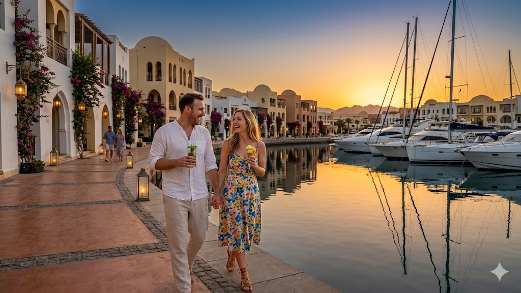 A happy couple walking along a luxury marina promenade at sunset in Port Ghalib, Mars Alam.