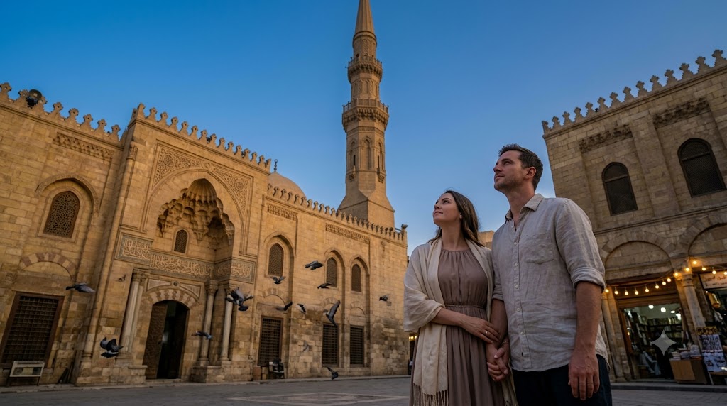 A couple holding hands while admiring the historic Al-Hussein Mosque in Old Cairo, Egypt.