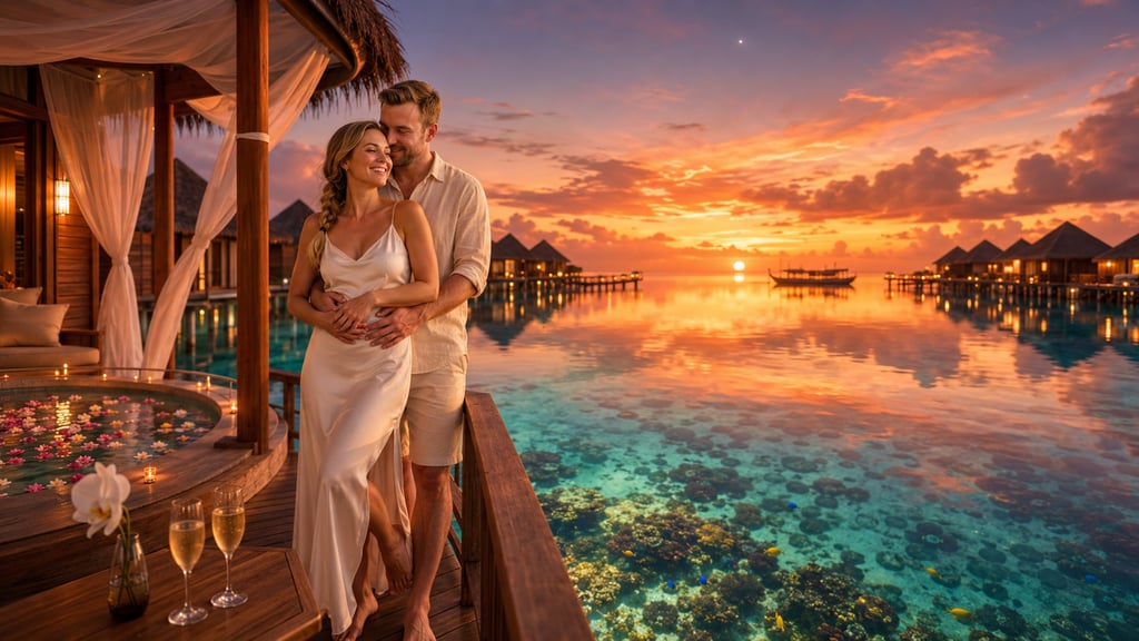 Couple enjoying a romantic sunset honeymoon at a luxury Maldives overwater villa with ocean views.