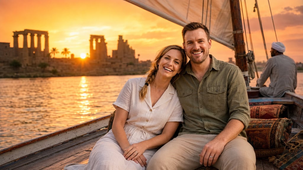 A smiling couple on a felucca boat tour at sunset with ancient Egyptian temples along the Nile River.