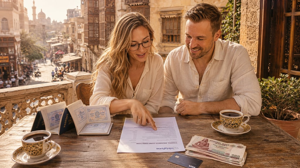 Couple reviewing travel insurance and passports at an outdoor cafe in Cairo, Egypt.
