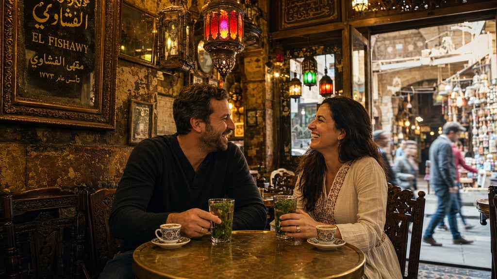 A smiling couple enjoys mint tea and coffee at the historic El Fishawy cafe in the Khan el-Khalili bazaar of Cairo.