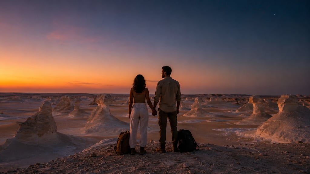 A couple holds hands watching the sunset over unique white rock formations in the White Desert of Egypt.