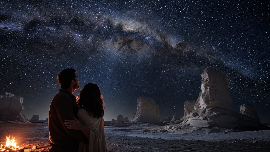 A couple standing by a campfire gazing at the Milky Way galaxy over a white desert landscape.