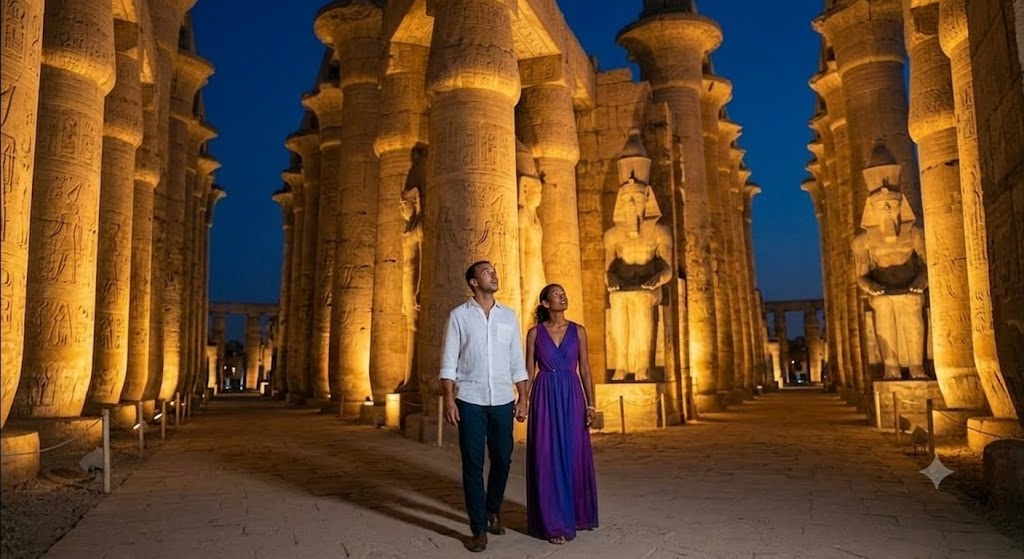 A couple walking through the illuminated Great Hypostyle Hall at Luxor Temple in Egypt at night.