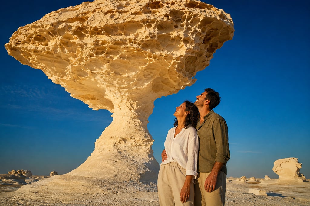 A couple stands by a mushroom-shaped white desert rock formation in Egypt's Farafra depression.