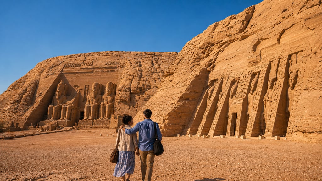 A couple walks toward the historic Abu Simbel temples carved into rock cliffs in Egypt.