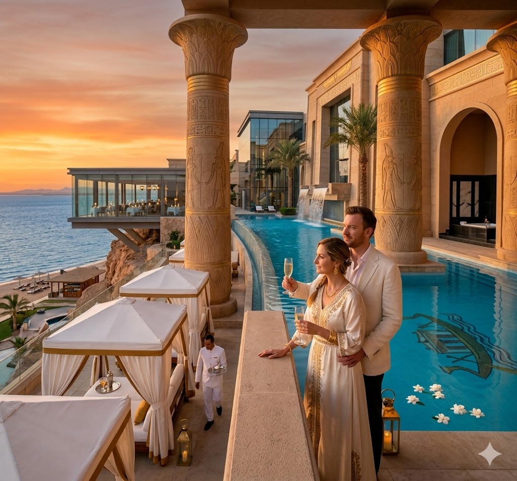 A couple enjoys champagne at a luxury Egyptian resort infinity pool overlooking the Red Sea at sunset.