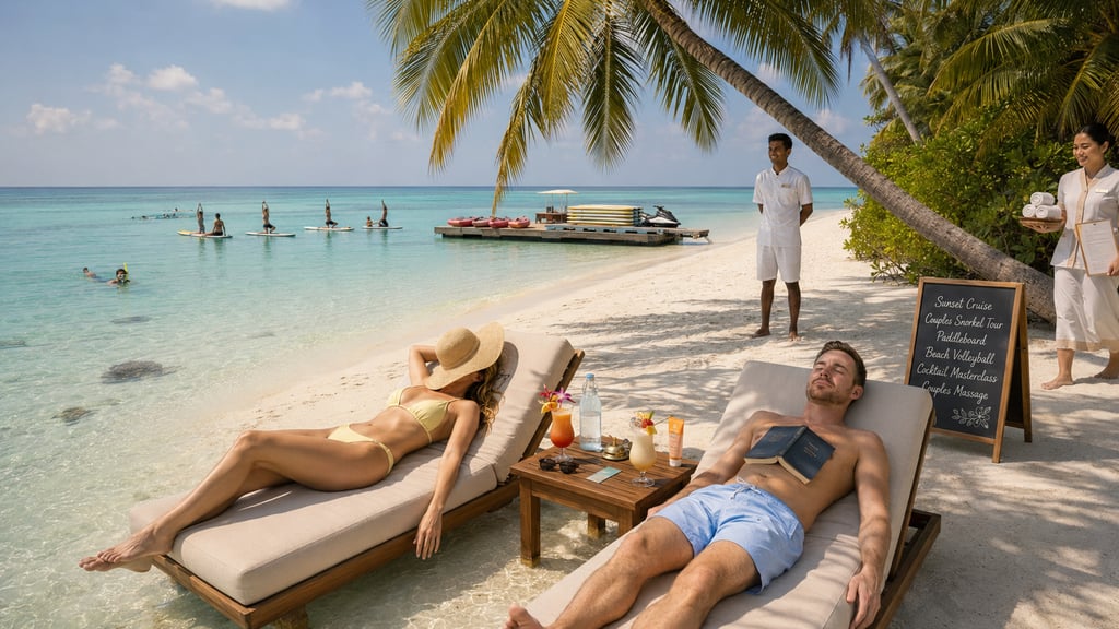 Couple relaxing on sun loungers at a luxury beach resort in the Maldives with turquoise water.