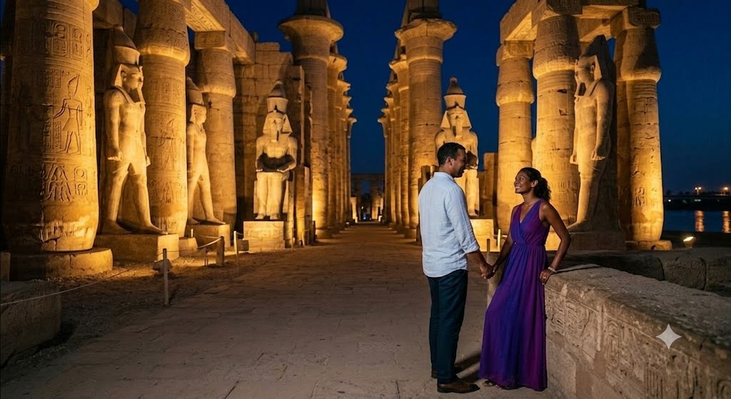 A couple stands amidst the illuminated statues and massive columns of Luxor Temple at night in Egypt.