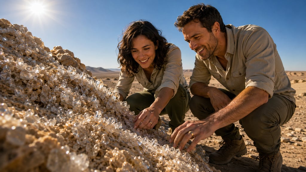 Smiling geologists examine a large cluster of quartz crystals in a sunlit desert landscape.