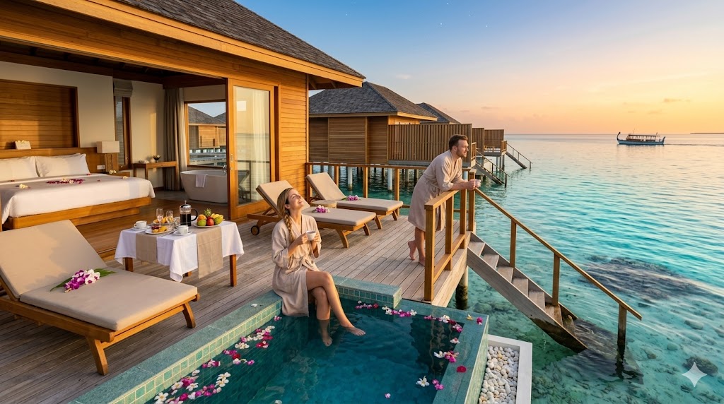 A couple relaxes on a luxury Maldives overwater villa deck with a private plunge pool at sunset.