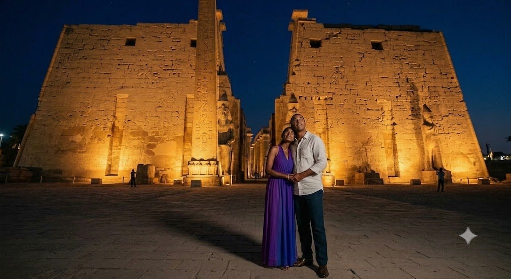 A couple standing in front of the illuminated Luxor Temple at night in Egypt.
