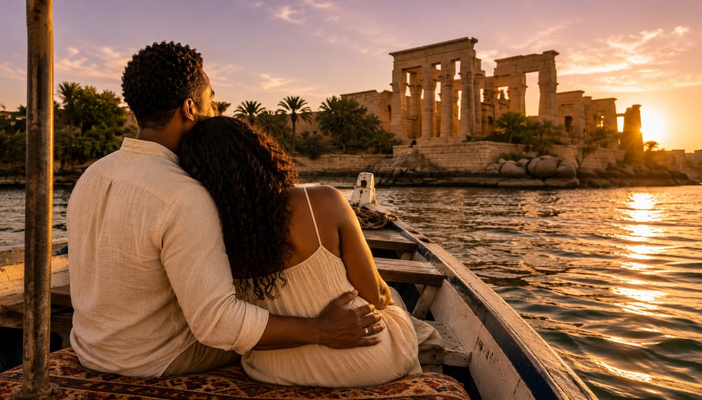 A couple on a Nile River boat cruise viewing the ancient Philae Temple in Egypt at sunset.