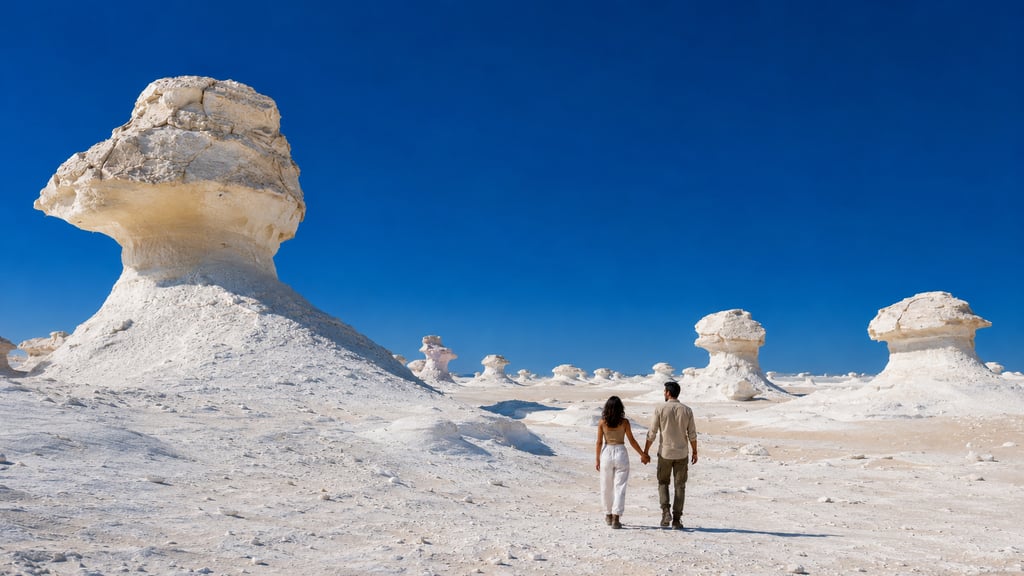A couple holds hands while walking through the unique white chalk rock formations of Egypt's White Desert.