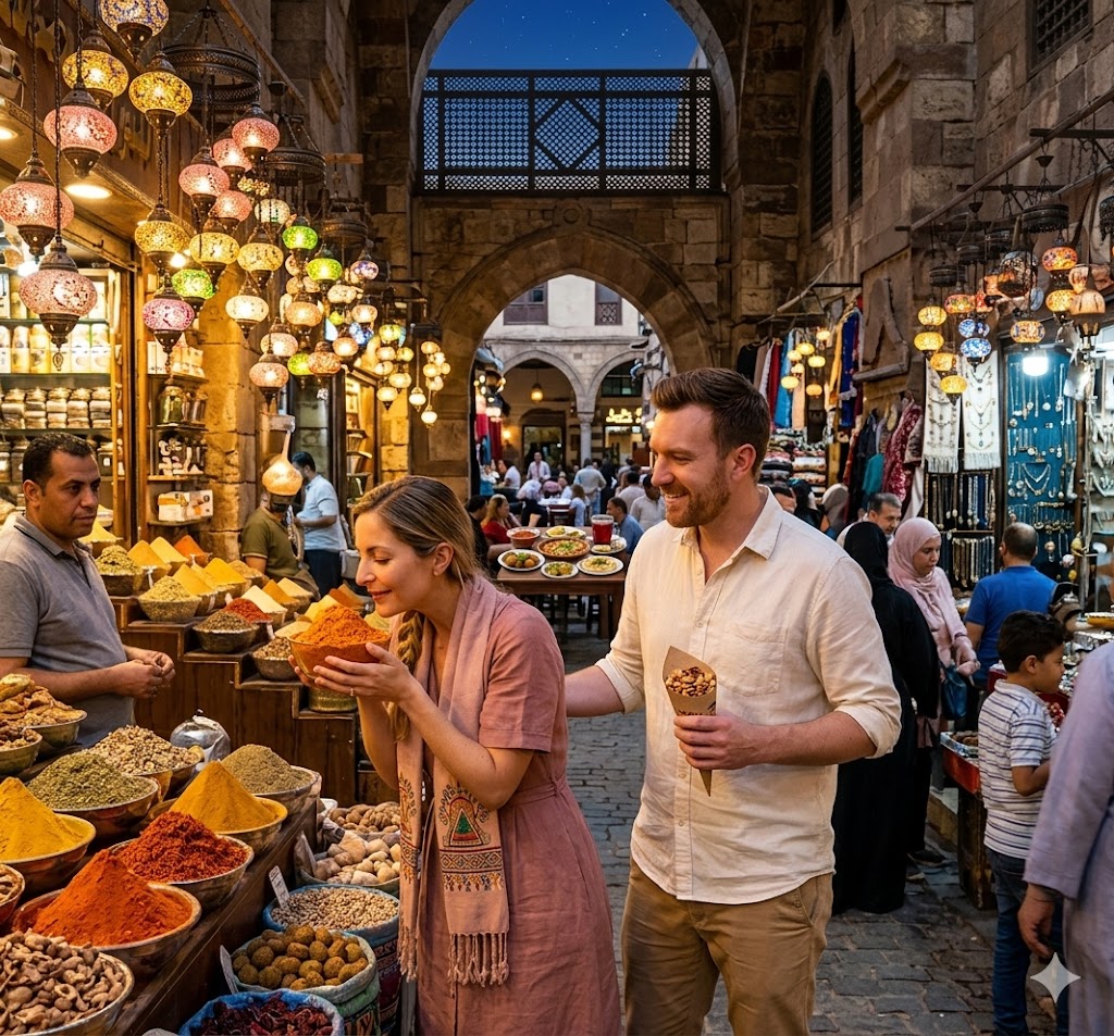 A couple explores the vibrant Khan el-Khalili bazaar in Cairo, smelling exotic spices near colorful mosaic lanterns.