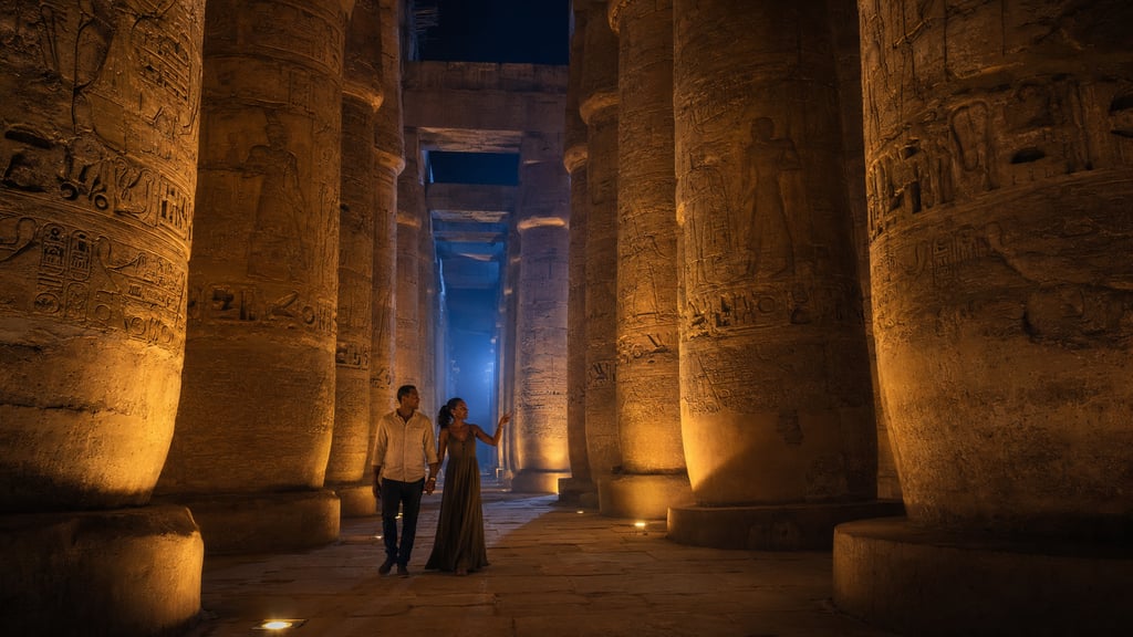 A couple walks through the illuminated Great Hypostyle Hall at Karnak Temple in Luxor, Egypt.
