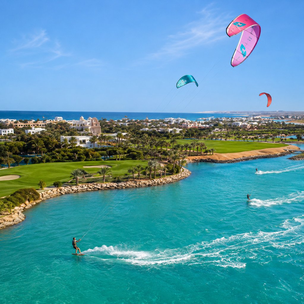 Kitesurfers riding turquoise waters at a luxury beach resort with a golf course in El Gouna, Egypt.