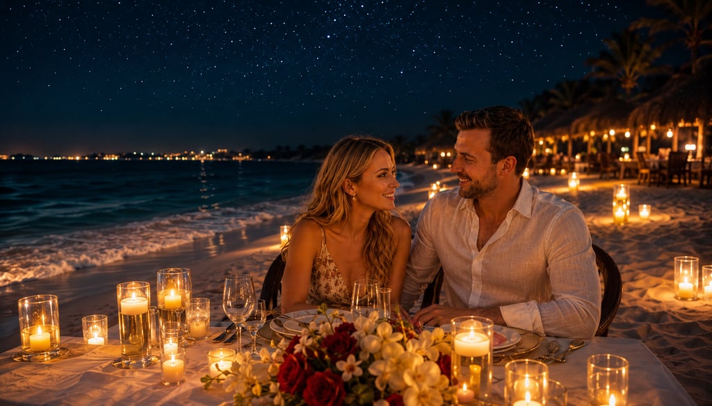 A couple enjoys a romantic candlelight dinner on a beach under a starry night sky.