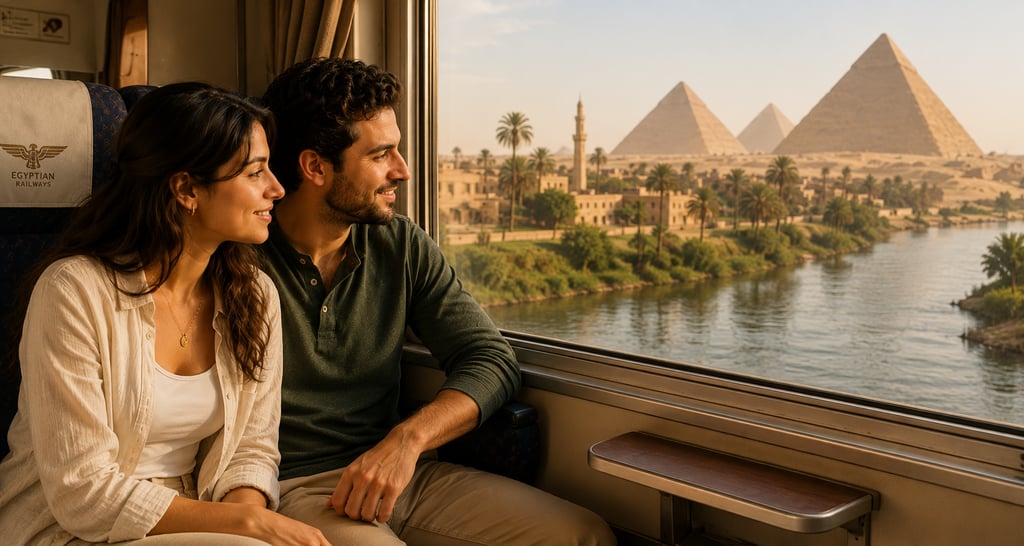 A couple looking out a train window at the Great Pyramids of Giza and Nile River in Egypt.
