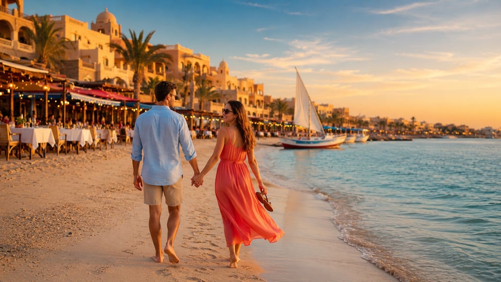 A couple walking hand-in-hand along a tropical beach at sunset near a luxury Hurghada resort.
