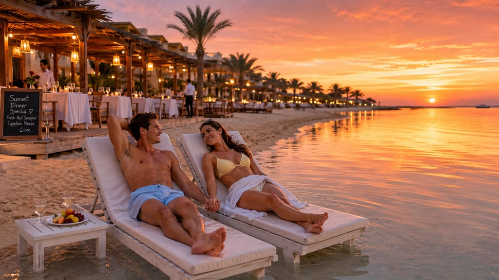Couple relaxing on beach loungers during a tropical sunset at a luxury Hurghada resort.