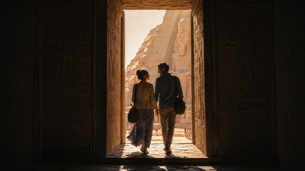 Couple walking through a temple doorway towards the Great Temple of Abu Simbel in Egypt.