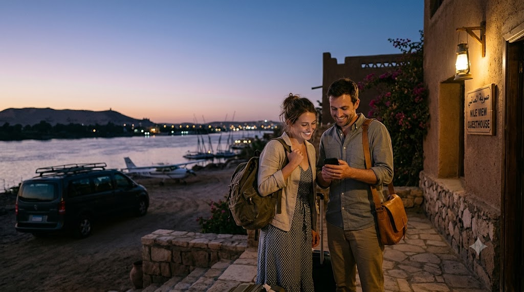 A couple looking at a smartphone outside a Nile View guesthouse in Egypt at sunset.
