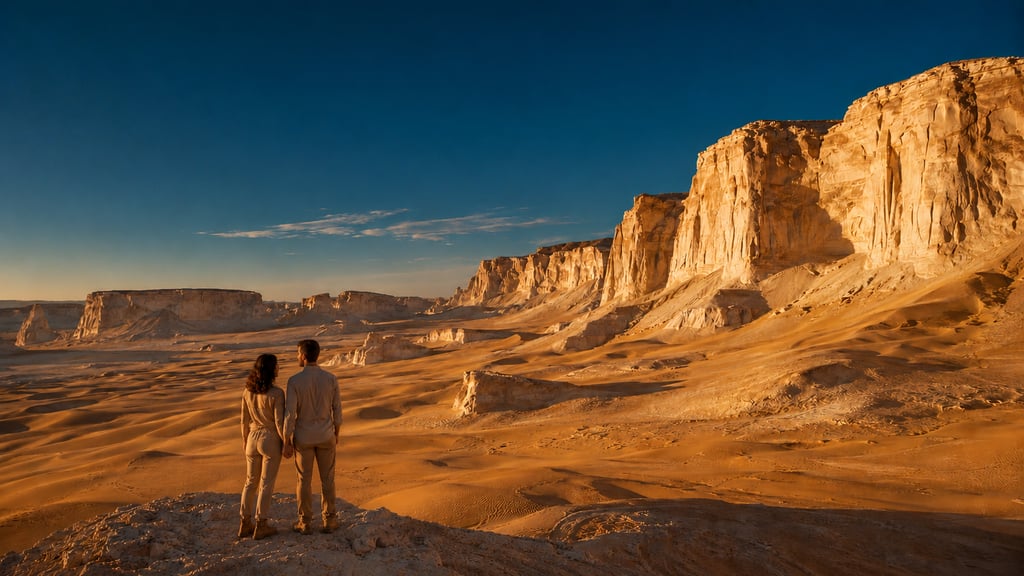A couple overlooking the vast Egyptian White Desert with limestone rock formations during a golden sunset.
