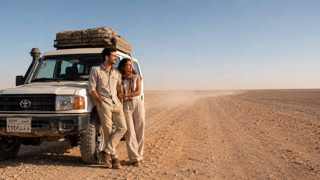 A couple leans against a 4x4 off-road vehicle during a desert safari adventure in Egypt.