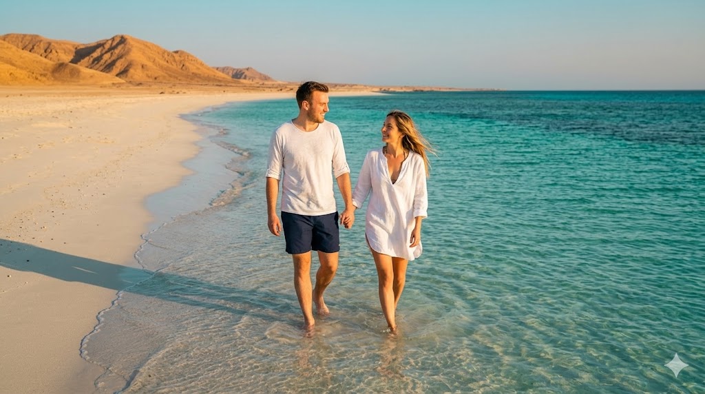 A happy couple walking hand in hand on a tropical in Marsa Alam.