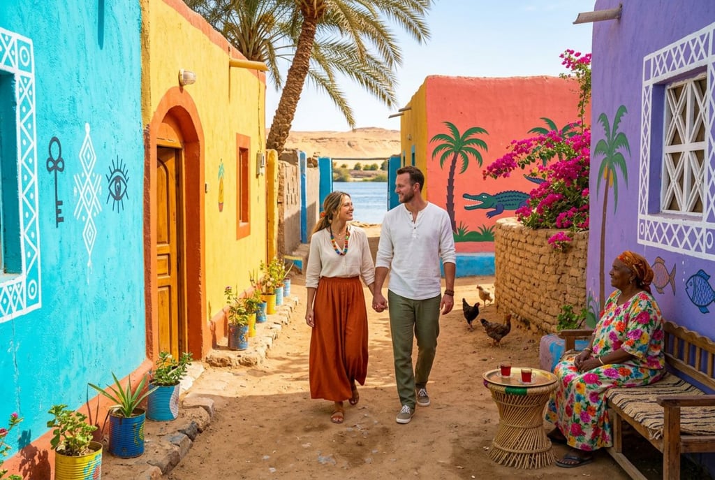 Couple walking through a colorful Nubian village in Aswan, Egypt, with bright painted houses.
