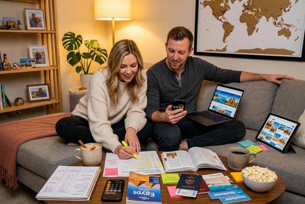 A couple sits on a couch planning an Egypt vacation with a laptop, world map, and travel documents.