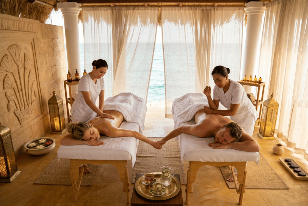 Couple holding hands while enjoying a professional full-body massage at a luxury oceanside spa.