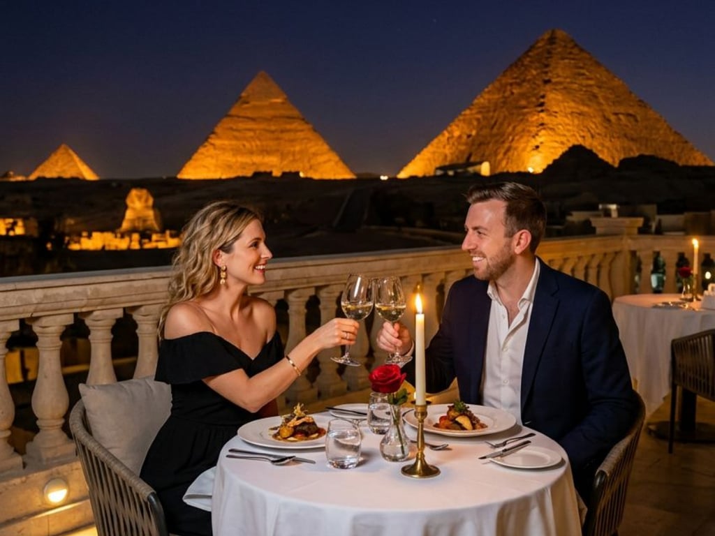 A couple enjoys a romantic dinner on a balcony overlooking the lit Giza Pyramids and Sphinx in Egypt.