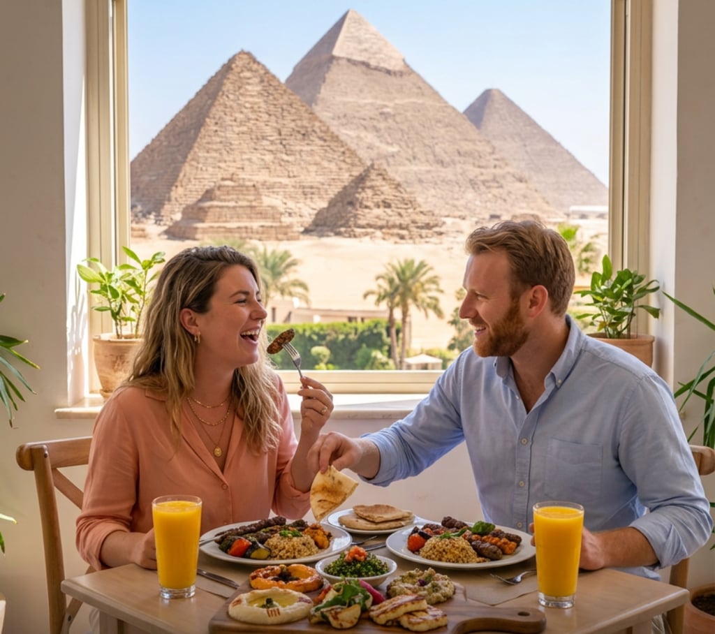 A couple enjoys a traditional Egyptian meal with a stunning view of the Giza Pyramids through a window.