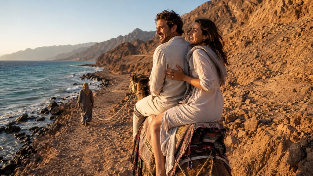 A smiling couple enjoys a camel ride along a scenic desert coastline at sunset during a luxury travel tour.