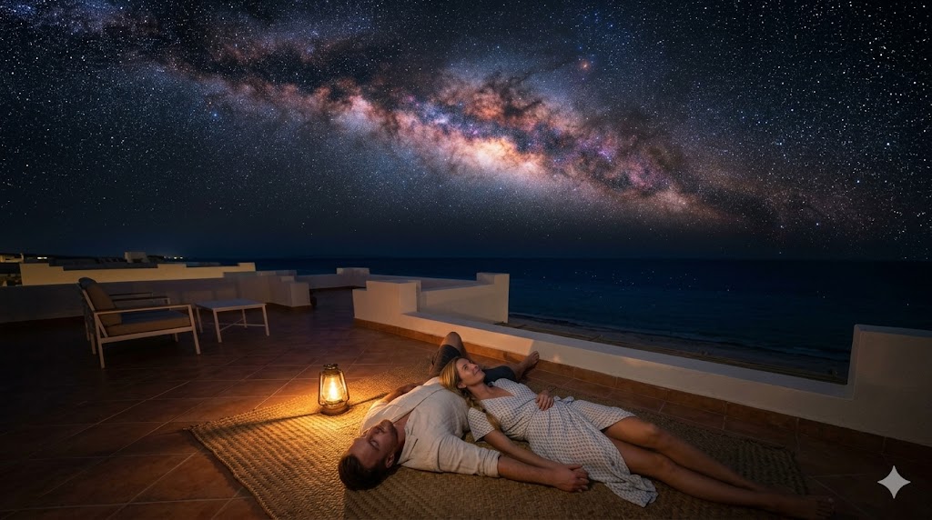 A couple lies on a rooftop terrace stargazing in Marsa Alam.