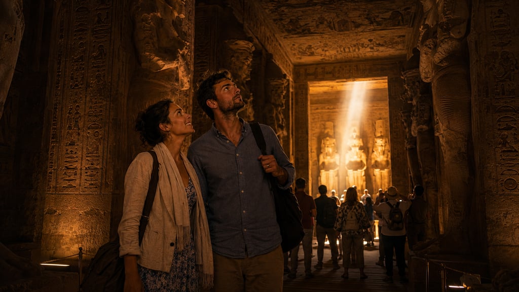 A couple admires the ancient Egyptian statues and hieroglyphics inside the sunlit Abu Simbel temple.