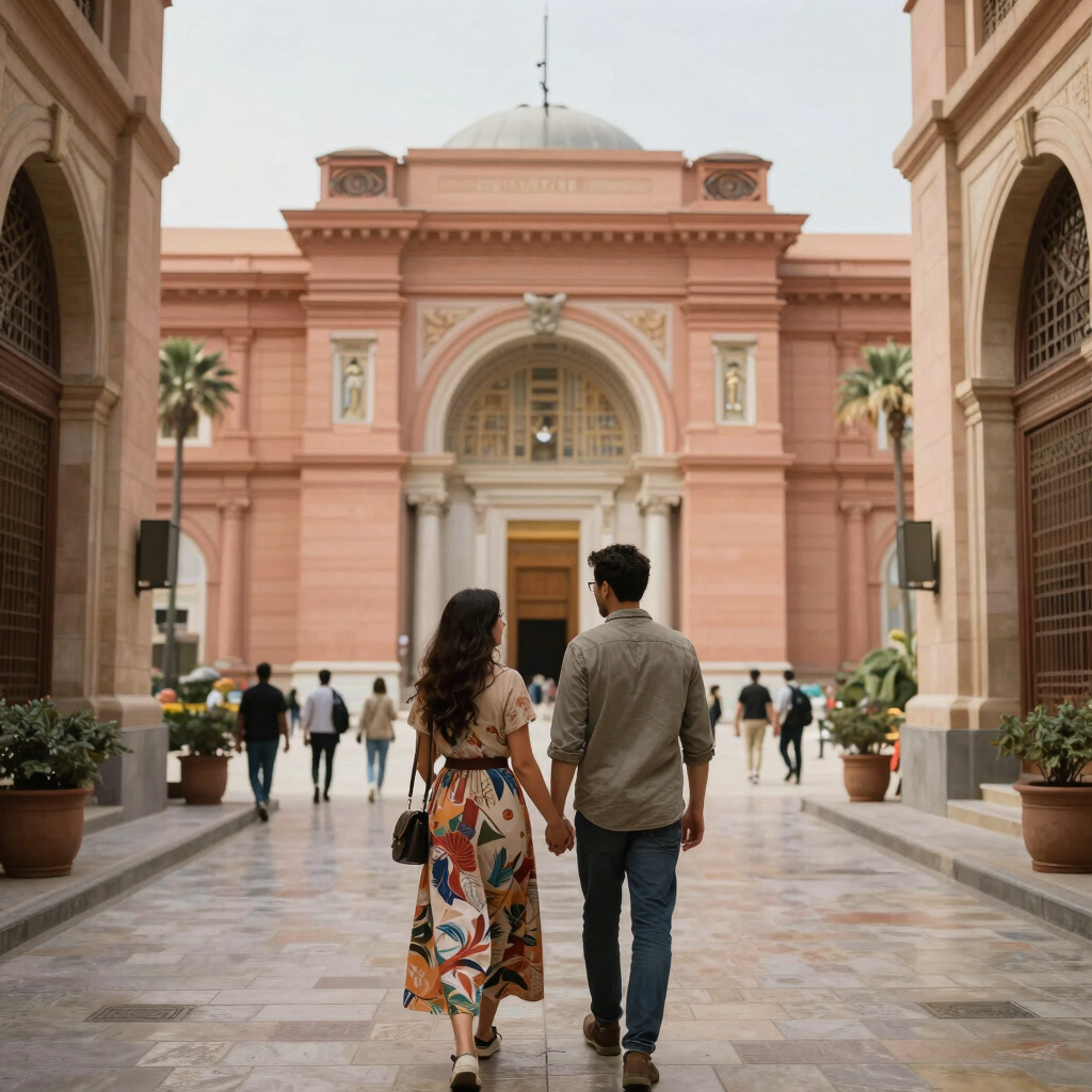A couple holding hands walks toward the historic Egyptian Museum in Cairo, a famous landmark.